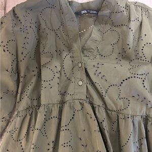 Zara Button Long Sleeve Green Mini Dress